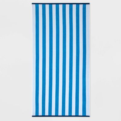 WOW Reversible Beach Towel Blue/White/Navy - Sun Squad: Cotton, Lightweight, Terry, OEKO-TEX Certified