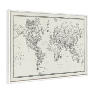 28x38 Sylvie Beaded Vintage Black and White World Map Framed Canvas by The Creative Bunch Studio White - Kate & Laurel All Things Decor