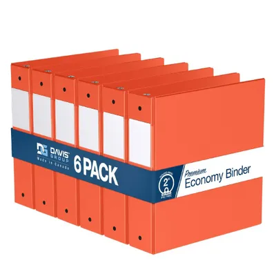 Davis Group 6pk 2 Premium Economy Round Ring Binders Orange: Hard Cover, 400 Sheet Capacity, 2 Pockets, Polypropylene