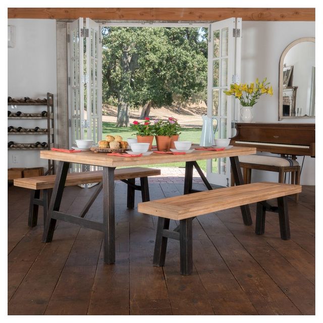 Boracay 3pc Laminated Acacia Picnic Set - Teak Finish/Brushed Gray - Christopher Knight Home: Outdoor Furniture with Benches