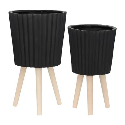 Set of 2 Ridged Planter with Wood Legs Black - Sagebrook Home: Floor & Tall, Indoor/Outdoor Use