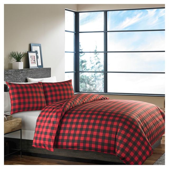 Mountain Plaid Duvet Cover And Sham Set (Full/Queen) Red - Eddie Bauer: Cotton Flannel, Reversible, Machine Washable