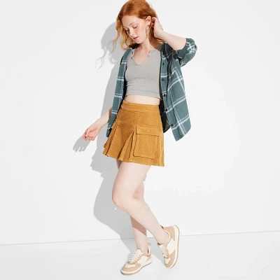 Women Corduroy Cargo Pleated Mini Skirt