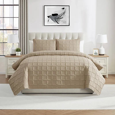 VCNY 3pc Full/Queen Square Pinsonic Quilt Set Taupe: Microfiber, Hypoallergenic, Modern Design