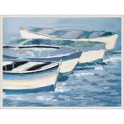 Amanti Art 30x23 Blue Boat Line by Jane Slivka: Modern Wall Canvases, Horizontal Lithograph, White Frame