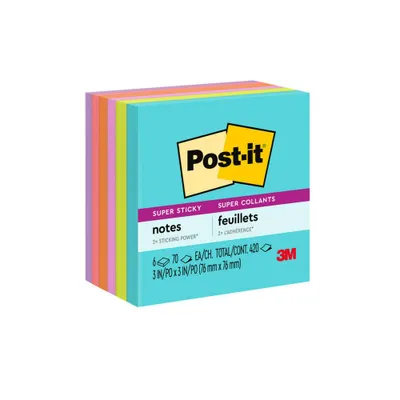 Post-it Super Sticky Notes, 3 in. x 3 in., Supernova Neons Collection, 6 Pads/Pack, 70 Sheets/Pad