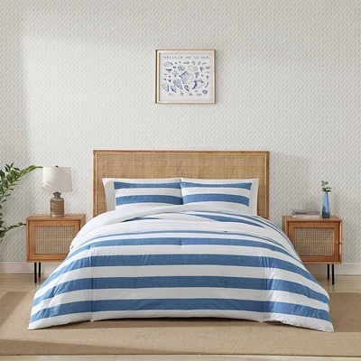 Tommy Bahama 3pc  Awning Striped Cotton Duvet Set Blue: Coastal Comfort, 100% Cotton, Machine Washable