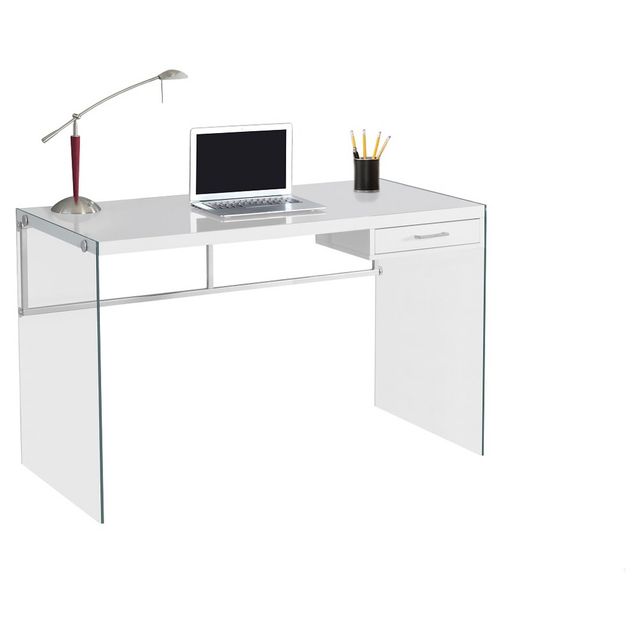 Tempered Glass Computer Desk - Glossy White - EveryRoom: Modern Home Office Furniture with Storage Drawer