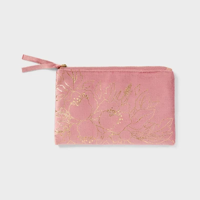 Mauve Pink Velvet Zip Pouch - Threshold: Floral Linen Clutch, Botanical Pattern, Single Handle, 8x5