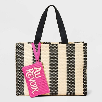 Striped Elevated Straw Tote Handbag with Zip Pouch