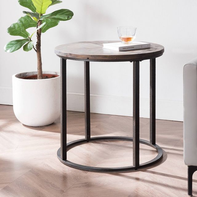 Lymedon Round Reclaimed Wood End Table Natural/Black - Aiden Lane: Industrial Style, Fixed Shelf, Veneer Finish