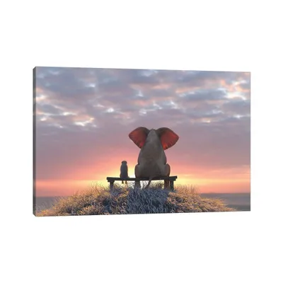 Elephant and Dog Watch The Sunrise on The Seashore by Mike Kiev Unframed Wall Canvas