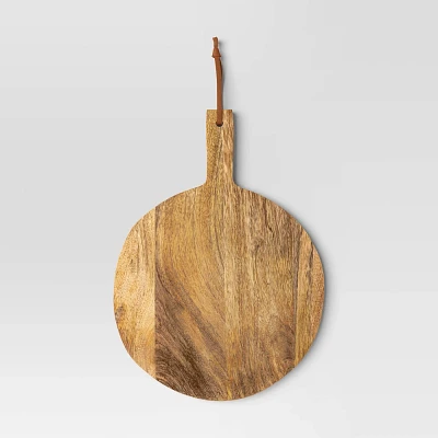 Wood Medium Round Serving Tray with Leather Knotted Loop - Threshold