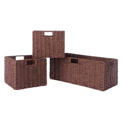 3pc Tessa Woven Rope 2 Small and 1 Large Basket Set Walnut - Winsome: Rectangular Storage Organizer, Spot Clean