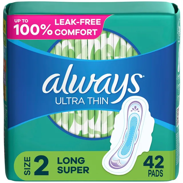 Always Long Absorbency Unscented Ultra Thin Pads with Wings - Size 2