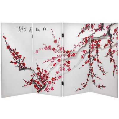 Oriental Furniture 3 Tall Double Sided Plum Blossom Canvas Room Divider: Wood Composite, Botanical Print, No Assembly Required