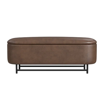 HomePop Ellipse Faux Leather Storage Bench with Metal Legs Brown: Oval Upholstered Ottoman, 42 Wide