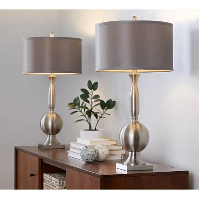 LumiSource: Joan 30 Brushed Nickel Table Lamps with Gray Shades, Set of 2  UL Listed, Faux Silk Drum