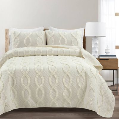 3pc Full/Queen Avon Textured Ruffle Quilt Set Ivory - Lush Dcor