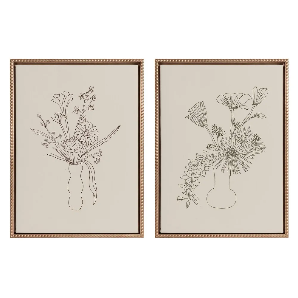 (Set of 2) 18x24 Sylvie Beaded Floral Study 1 and 2 Framed Canvas Arts by Kate Aurelia Holloway Gold - Kate & Laurel All Things Decor: