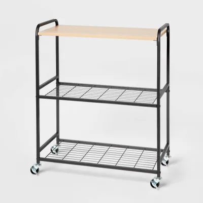 Storage Cart Black Metal with Natural Wood - Brightroom