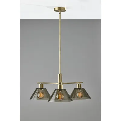 3-Light Zoe Chandelier Antique Brass - Adesso: Vintage Style, Adjustable Height, Smoked Glass Shades