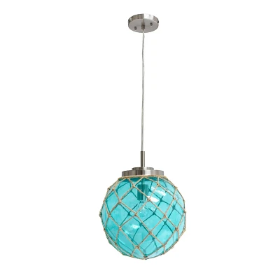 Buoy Netted Coastal Ocean Sea Glass Pendant with Natural Rope Aqua - Elegant Designs: Brushed Nickel Canopy, UL Listed