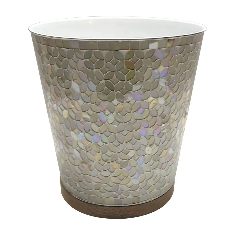 Pearl Escent Mosaic and Wood Bathroom Wastebasket - Nu Steel