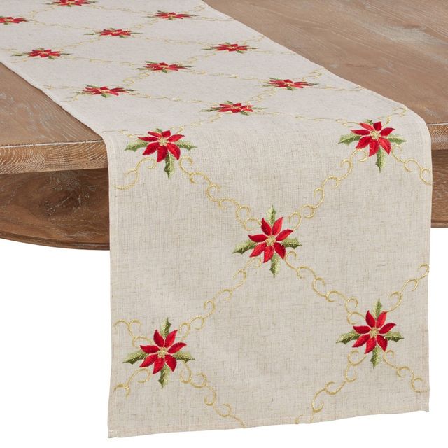 16 X 72 Embroidered Poinsettia Runner Natural - SARO Lifestyle