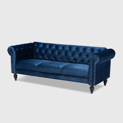 Emma Velvet Upholstered Chesterfield Sofa: Silver Nailheads, Ring Turned Feet - Baxton Studio