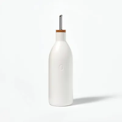 Ceramic Oil Pour Bottle Cream - Figmint: Stoneware Oil Dispenser with Stainless Steel & Wood Lid, 18.7oz Capacity