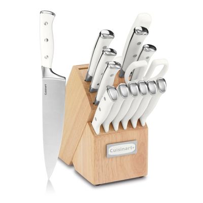 Cuisinart Classic 15pc Stainless Steel White Triple Rivet Cutlery Block Set - C77WTR-15P: High Carbon, Ergonomic Handle