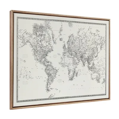 28x38 Sylvie Beaded Vintage Black and White World Map Framed Canvas by The Creative Bunch Studio Gold - Kate & Laurel All Things Decor