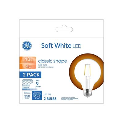 GE 2pk 40W G25 LED Globe Light Bulbs Soft White GCSWC