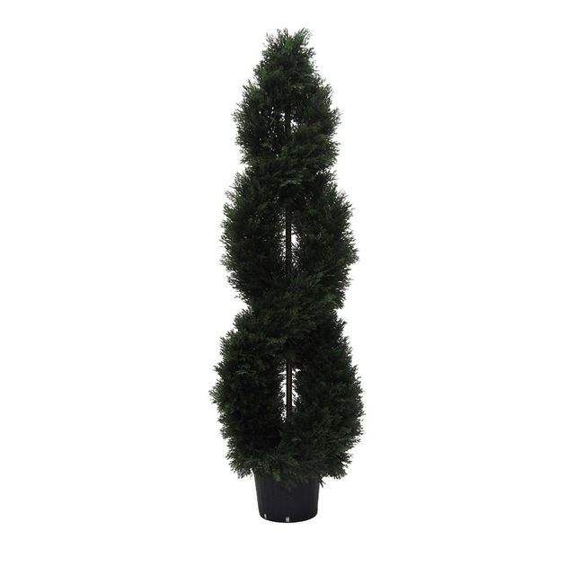 Vickerman 5 Artificial Cedar Double Spiral (UV): Indoor/Outdoor Faux Topiary with Black Plastic Pot