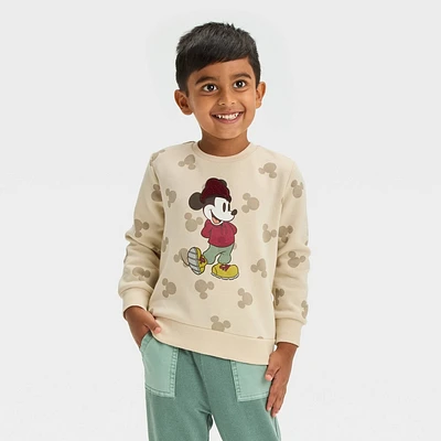 Toddler Boys Disney Mickey Mouse Patch Fleece Pullover Sweatshirt - Cream