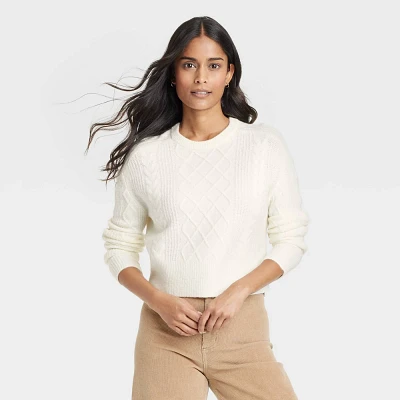 Women Crewneck Cahmere-Like Cable Pullover Sweater