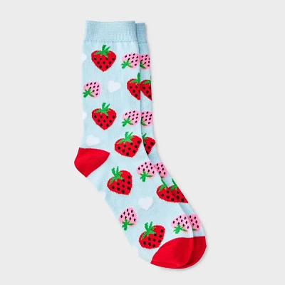 Women Strawberry Love Valentine Day Crew Sock - Blue/Red/ 4-10