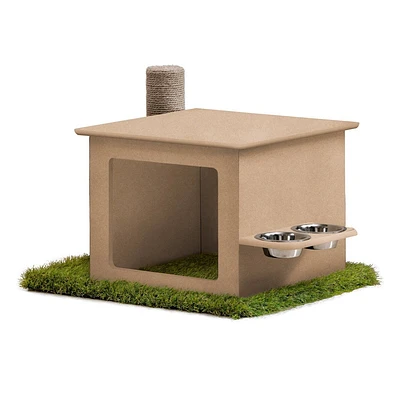 On2Pets Cat House with Scratching Post & Feeder Station - Beige