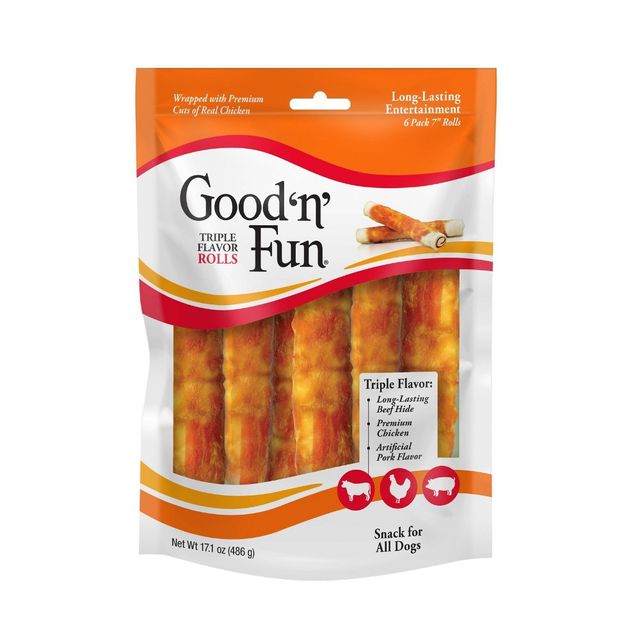 Good n Fun Triple Flavor Rolls Rawhide with Pork, Beef and Chicken Flavor Dog Treats Value Bag - 17.1oz