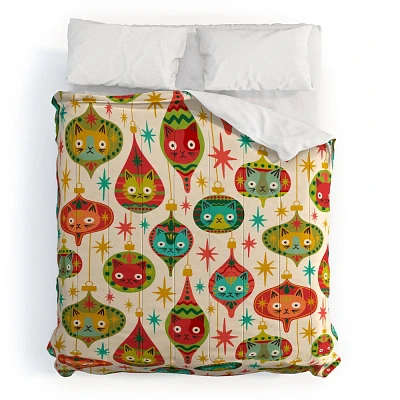 Deny Designs King Carriecantwell Meowy Christmas Comforter and Pillow Sham Green