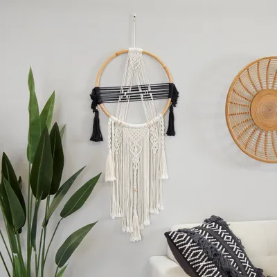 Cotton Macrame Handmade Intricately Weaved Wall Decor with Beaded Fringe Tassels Black - Olivia & May: Artisan Crafted, Boho Chic