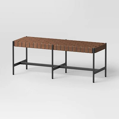 Woven Faux Leather with Metal Base Bench Brown - Threshold: Upholstered Rectangular Ottoman, Indoor Seating