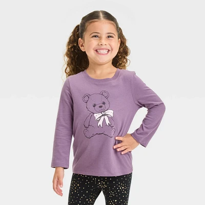 Toddler Girls Teddy Bear Bow Long Sleeve Graphic T-Shirt