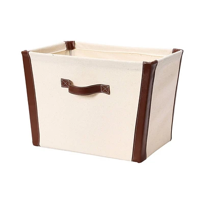 Household Essentials Canvas Bin with Vegan Leather: Universal Storage, Collapsible Utility Bin, 36.6L Capacity, Beige