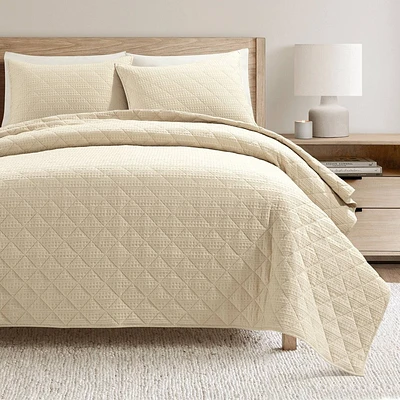 Lush Dcor 3pc Haniya Waffle Woven Cotton Textured Quilt Set Neutral: Year-Round Comfort, Machine Washable