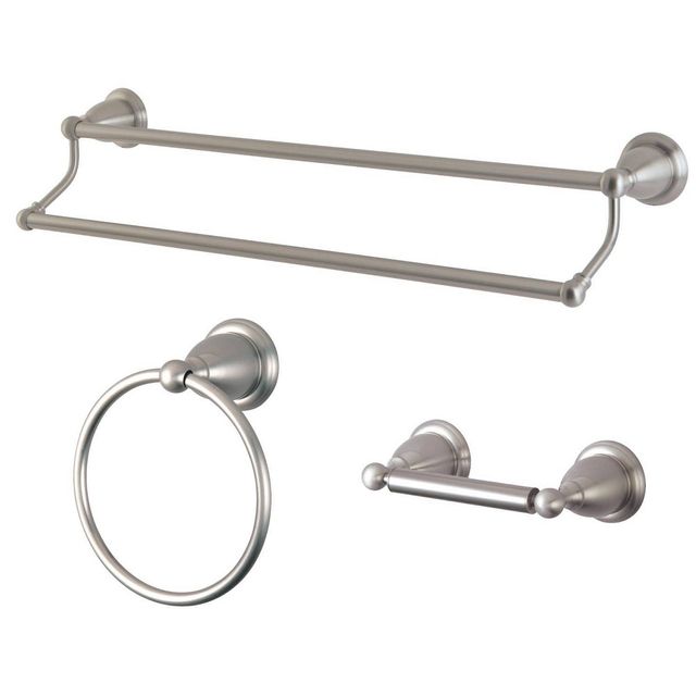 3pc Traditional Solid Brass Satin Nickel Double Towel Bar Bath Accessory Set - Kingston Brass: Includes Toilet Tissue Holder, Towel Ring