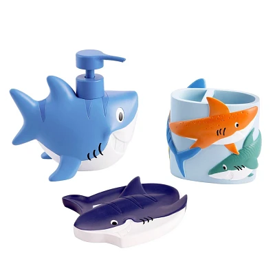 Allure Home Colorful Sharks Kids 3pc Bath Set: Resin Bathroom Accessories, Soap Dispenser, Dish & Brush Holder