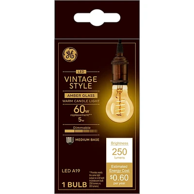 GE 60W Vintage Style A19 LED Light Bulb Amber Glass: Warm Dimmable Lightbulb, 250 Lumens, 2000K, E26 Base, 5W Energy Use