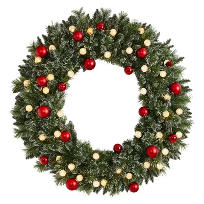 Nearly Natural 48 Pre-lit LED Decorated Frosted Pine Artificial Christmas Wreath Green with Warm White Lights